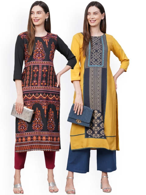 

KALINI Women Pack Of 2 Black & Yellow Ethnic Motifs Printed Crepe Kurtas