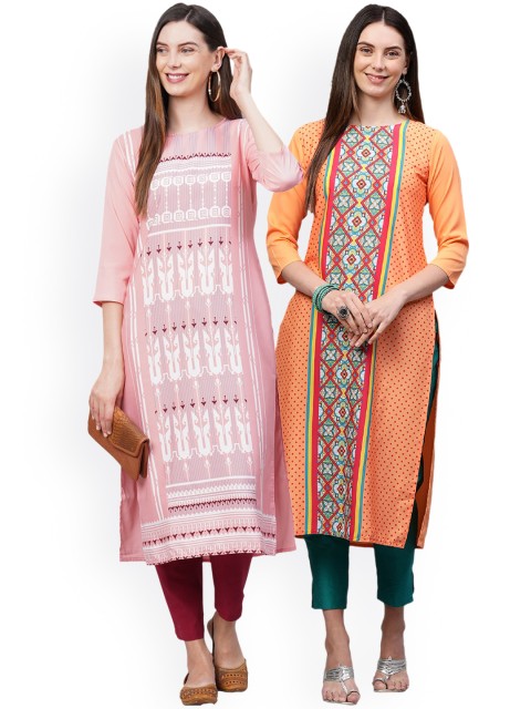 

KALINI Women Pack Of 2 Pink & Orange Ethnic Motifs Printed Crepe Kurtas
