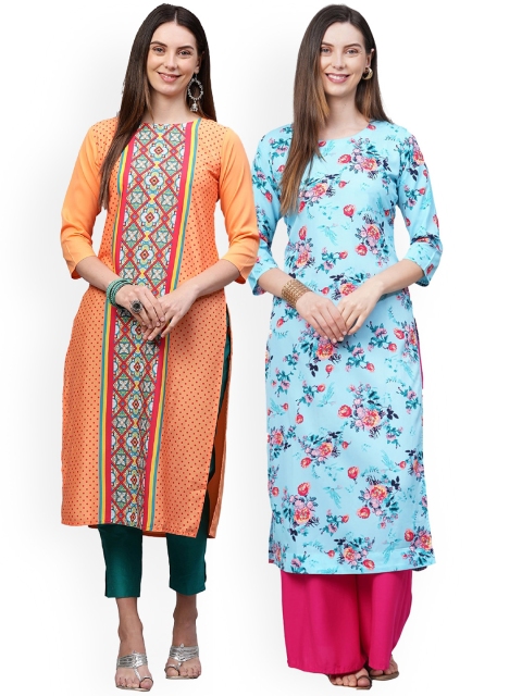 

KALINI Women Pack Of 2 Orange & Blue Floral Printed Thread Work Crepe Kurta