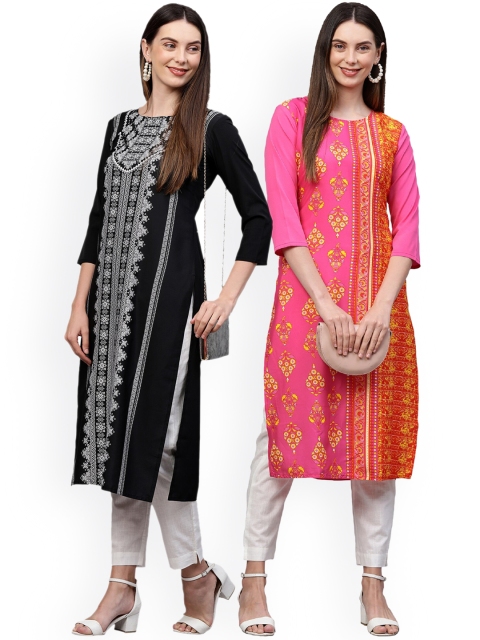

KALINI Women Pack Of 2 Black & Pink Ethnic Motifs Printed Crepe Kurtas