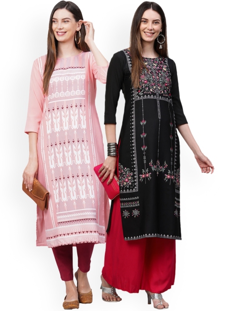 

KALINI Women Pack Of 2 Pink & Black Ethnic Motifs Printed Thread Work Crepe Kurtas