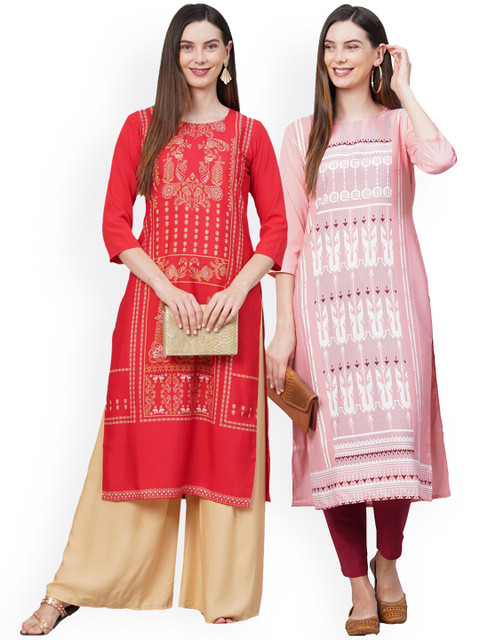 

KALINI Women Pack Of 2 Red & Pink Ethnic Motifs Printed Crepe Kurtas
