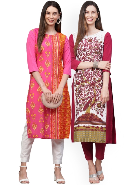 

KALINI Women Pack Of 2 Pink & White Ethnic Motifs Printed Crepe Kurtas