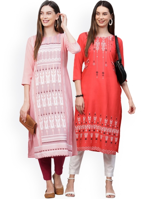 

KALINI Women Pack Of 2 Pink & Red Ethnic Motifs Printed Crepe Kurtas