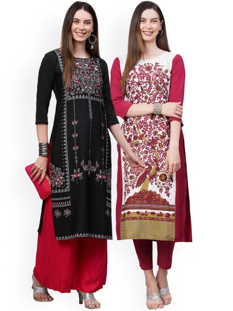 

KALINI Women Pack Of 2 Black & White Ethnic Motifs Printed Crepe Kurtas