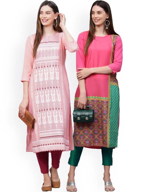 

KALINI Women Pack Of 2 Pink & White Ethnic Motifs Printed Crepe Kurtas