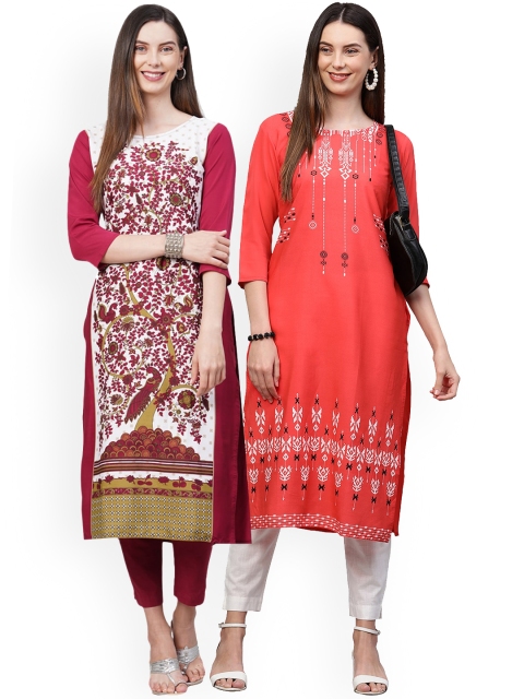 

KALINI Women Pack Of 2 White & Orange Ethnic Motifs Printed Crepe Kurtas