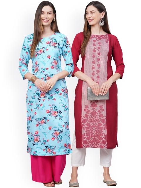 

KALINI Women Pack Of 2 Blue & Maroon Floral Printed Thread Work Crepe Kurtas