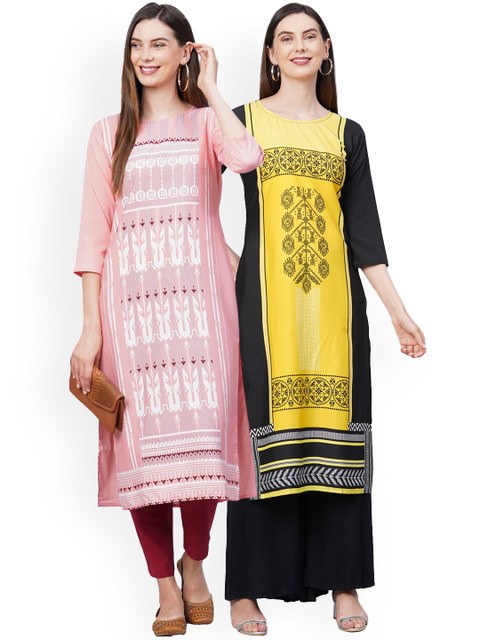 

KALINI Women Pack Of 2 Pink & Yellow Ethnic Motifs Printed Crepe Kurtas
