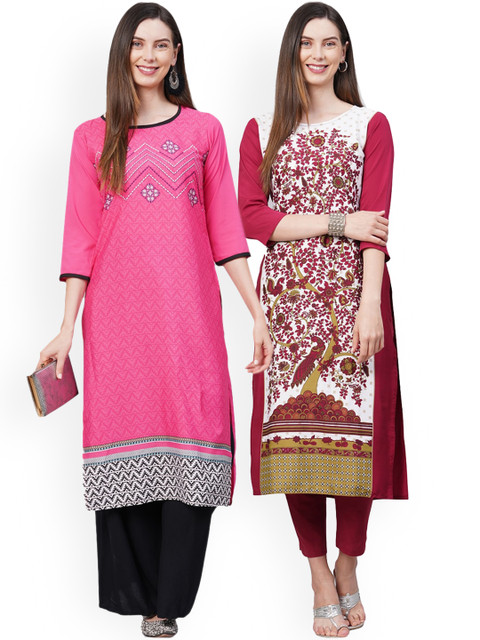 

KALINI Women Pack Of 2 Pink & White Ethnic Motifs Printed Crepe Kurtas