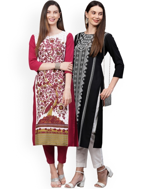 

KALINI Women Pack Of 2 White & Black Ethnic Motifs Printed Crepe Kurtas