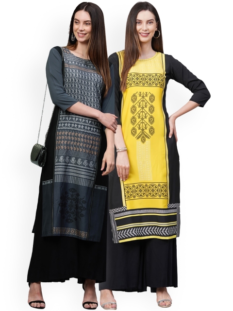 

KALINI Women Pack Of 2 Grey & Yellow Ethnic Motifs Printed Crepe Kurtas