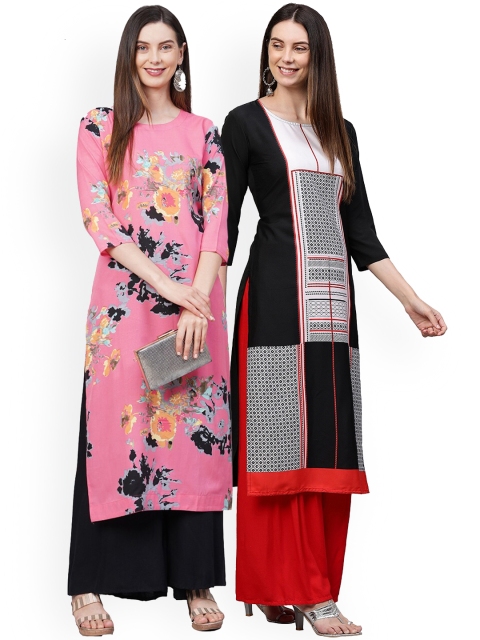 

KALINI Women Pack Of 2 Pink & Black Ethnic Motifs Printed Crepe Kurtas