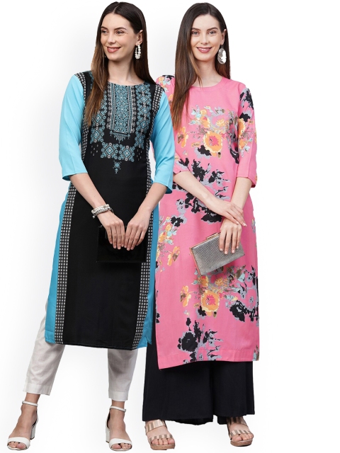 

KALINI Women Pack Of 2 Pink & Black Floral Printed Crepe Kurtas