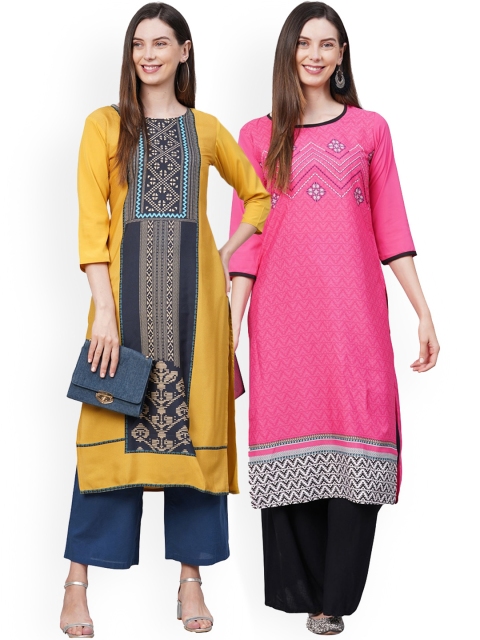 

KALINI Women Pack Of 2 Yellow & Pink Ethnic Motifs Printed Crepe Kurtas