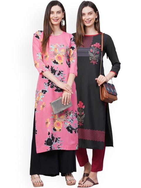 

KALINI Women Pack Of 2 Pink & Black Floral Printed Crepe Kurtas