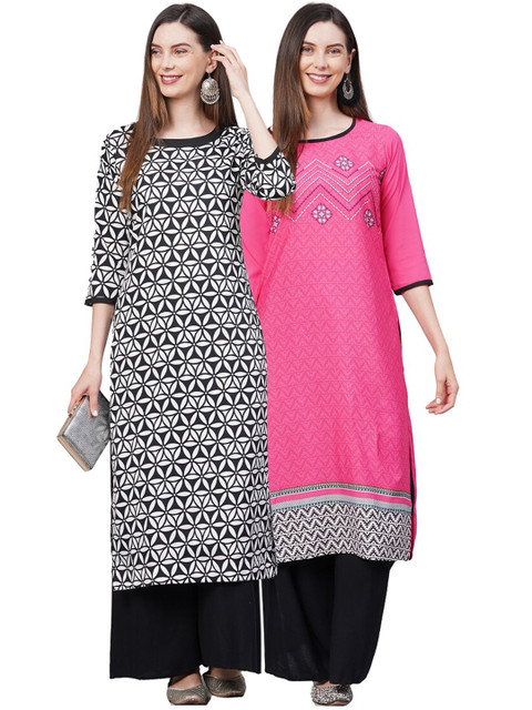 

KALINI Women Pack Of 2 Black & Pink Floral Printed Crepe Kurtas
