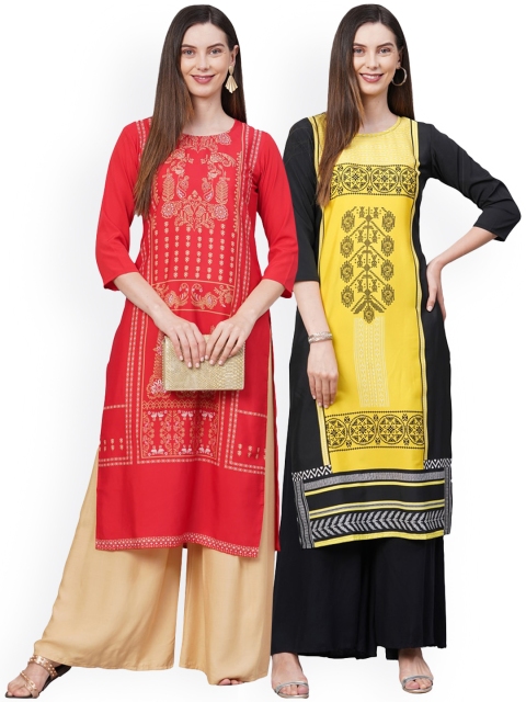 

KALINI Women Pack Of 2 Red & Yellow Ethnic Motifs Printed Crepe Kurtas