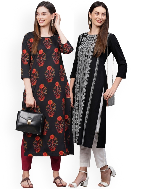 

KALINI Women Pack Of 2 Black & White Floral Printed Crepe Kurtas