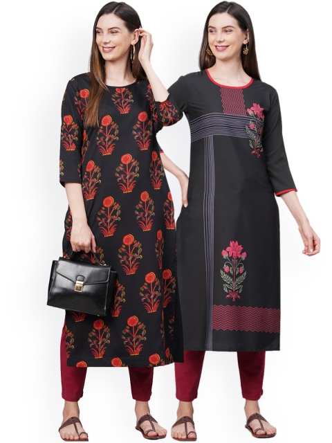 

KALINI Women Pack Of 2 Black & Pink Floral Printed Crepe Kurtas