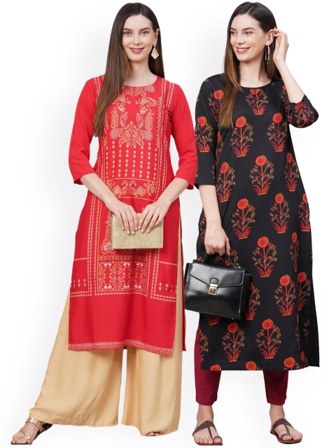 

KALINI Women Pack Of 2 Red & Black Ethnic Motifs Printed Crepe Kurtas