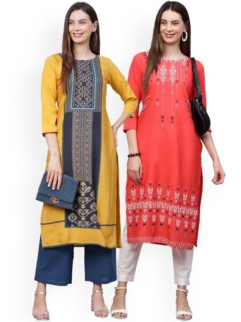 

KALINI Women Pack Of 2 Yellow & Orange Ethnic Motifs Printed Crepe Kurtas