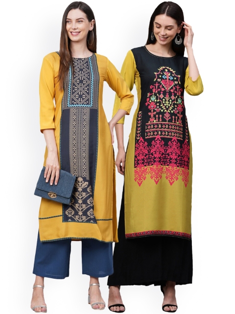 

KALINI Women Pack Of 2 Yellow & Blue Ethnic Motifs Printed Crepe Kurtas