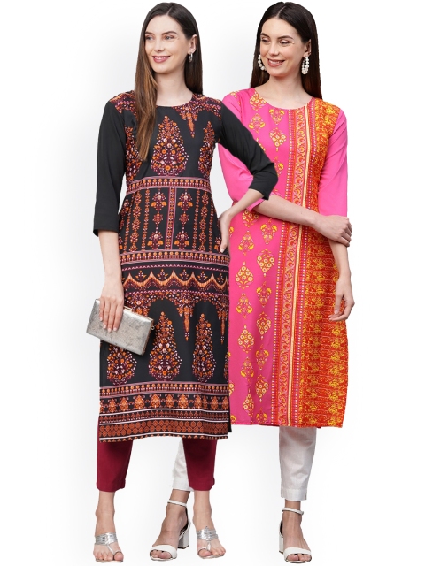 

KALINI Women Pack Of 2 Black & Pink Ethnic Motifs Printed Crepe Kurtas