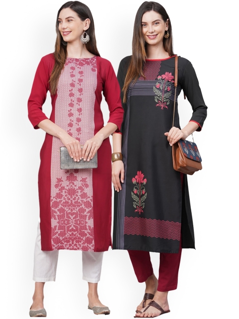 

KALINI Women Pack Of 2 Maroon & Black Ethnic Motifs Printed Crepe Kurtas