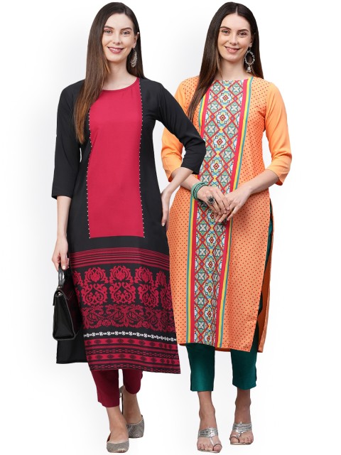 

KALINI Women Pack Of 2 Black & Orange Ethnic Motifs Printed Crepe Kurtas