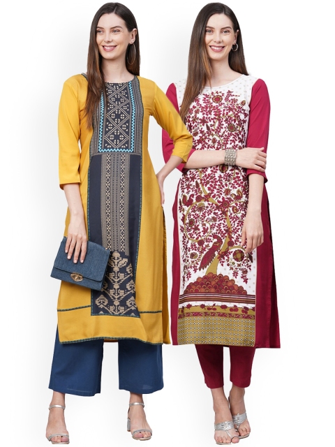 

KALINI Women Pack Of 2 Yellow & White Ethnic Motifs Printed Crepe Kurtas