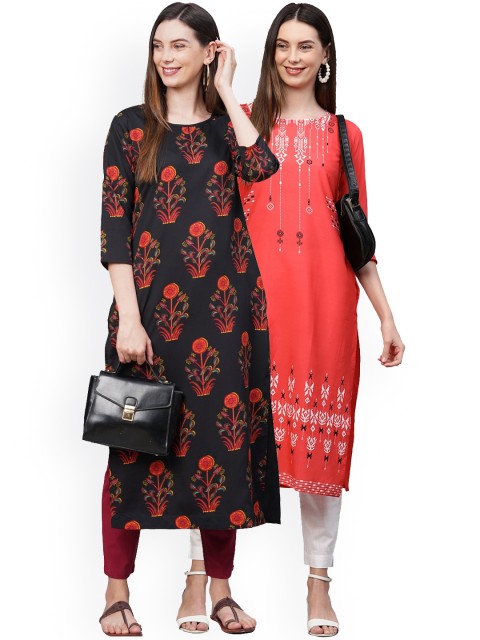 

KALINI Women Pack Of 2 Black & Orange Floral Printed Crepe Kurtas