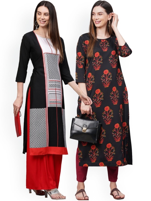 

KALINI Women Pack Of 2 Black & Orange Floral Printed Crepe Kurtas