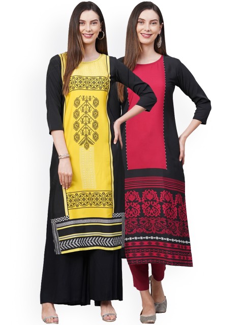 

KALINI Women Pack Of 2 Yellow & Black Ethnic Motifs Printed Thread Work Crepe Kurtas
