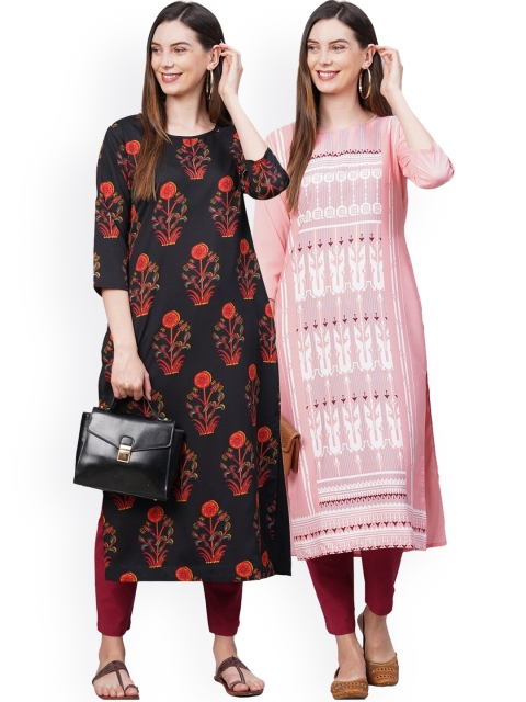 

KALINI Women Pack Of 2 Black & Pink Ethnic Motifs Printed Crepe Kurtas