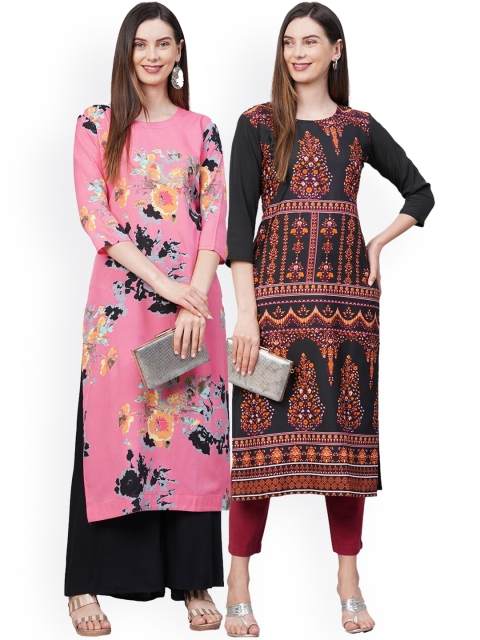 

KALINI Women Pack Of 2 Pink & Black Ethnic Motifs Printed Crepe Kurtas