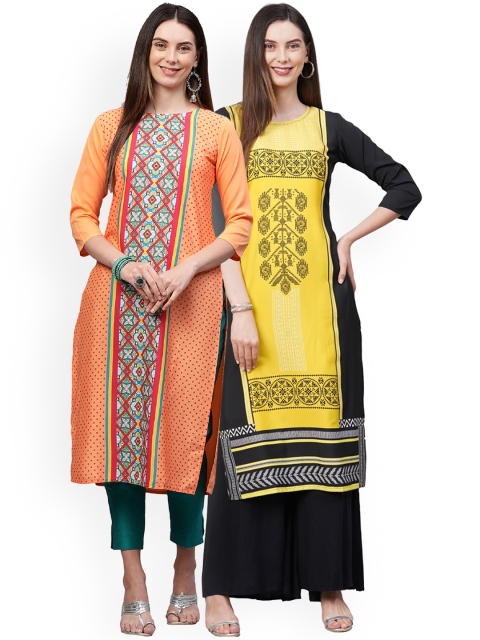 

KALINI Women Pack Of 2 Orange & Yellow Ethnic Motifs Printed Crepe Kurtas