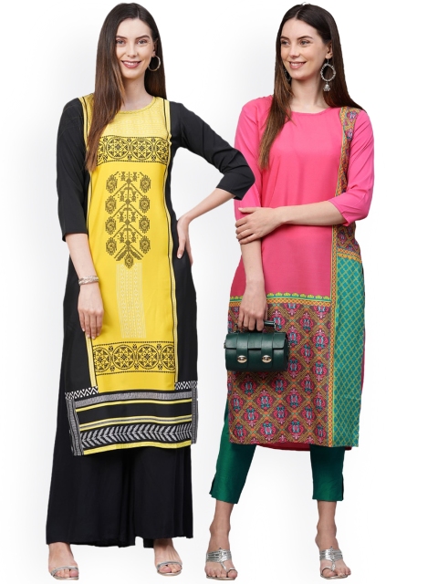 

KALINI Women Pack Of 2 Yellow & Pink Ethnic Motifs Printed Thread Work Crepe Kurtas