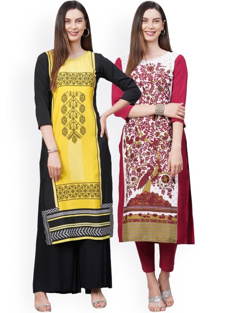 

KALINI Women Pack Of 2 Yellow & White Ethnic Motifs Printed Thread Work Crepe Kurtas