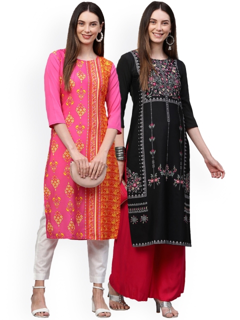 

KALINI Women Pack Of 2 Pink & Black Ethnic Motifs Printed Crepe Kurtas