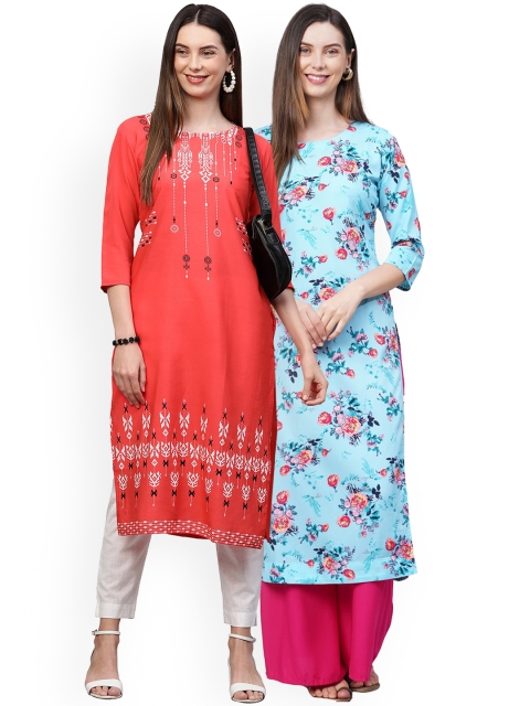

KALINI Women Pack Of 2 Orange & Blue Floral Printed Crepe Kurtas