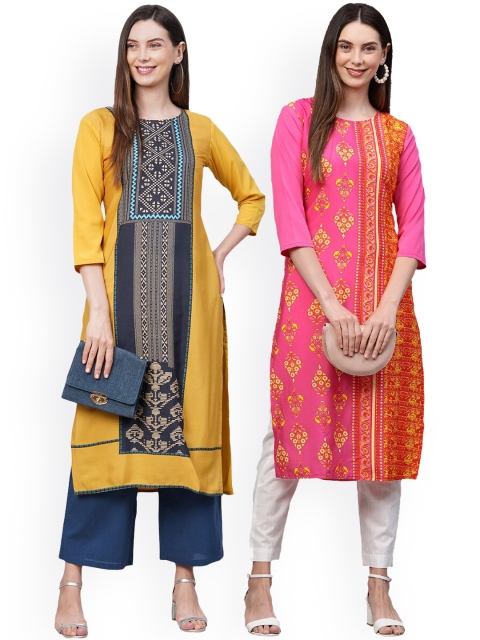 

KALINI Women Pack Of 2 Yellow & Blue Ethnic Motifs Printed Crepe Kurtas