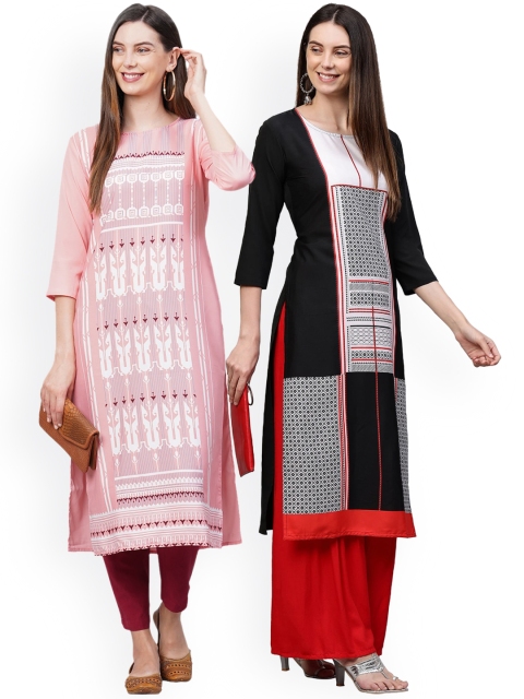 

KALINI Women Pack Of 2 Pink & Black Ethnic Motifs Printed Crepe Kurtas