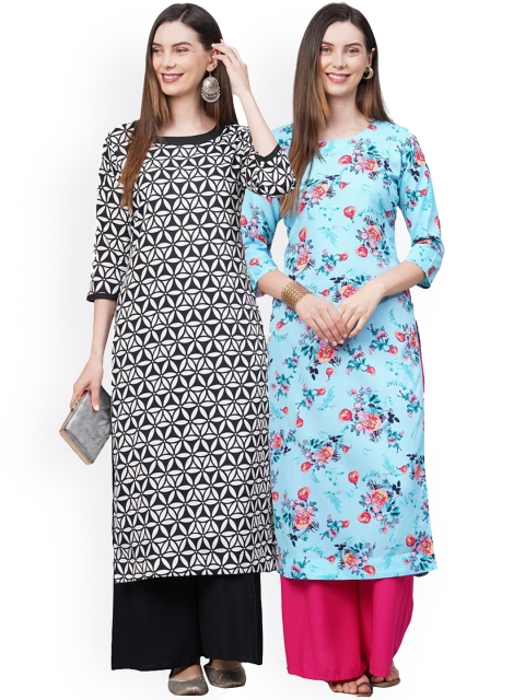 

KALINI Women Pack Of 2 Black & Blue Floral Printed Crepe Kurtas
