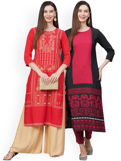 

KALINI Women Pack Of 2 Red & Black Ethnic Motifs Printed Crepe Kurtas