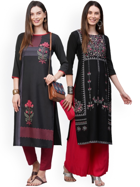 

KALINI Women Pack Of 2 Black & White Floral Printed Crepe Kurtas
