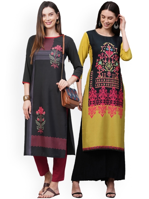 

KALINI Women Pack Of 2 Black & Yellow Ethnic Motifs Printed Flared Sleeves Crepe Kurtas