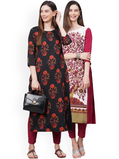 

KALINI Women Pack Of 2 Black & White Floral Printed Crepe Kurtas