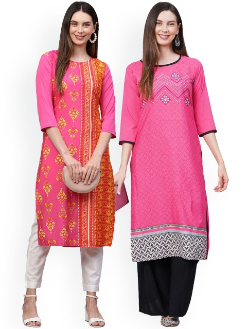 

KALINI Women Pack Of 2 Pink & Orange Ethnic Motifs Printed Crepe Kurtas