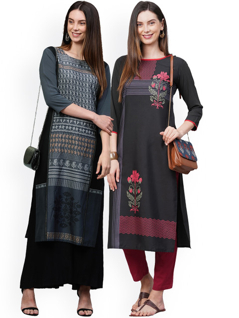 

KALINI Women Pack Of 2 Grey & Black Ethnic Motifs Printed Crepe Kurtas